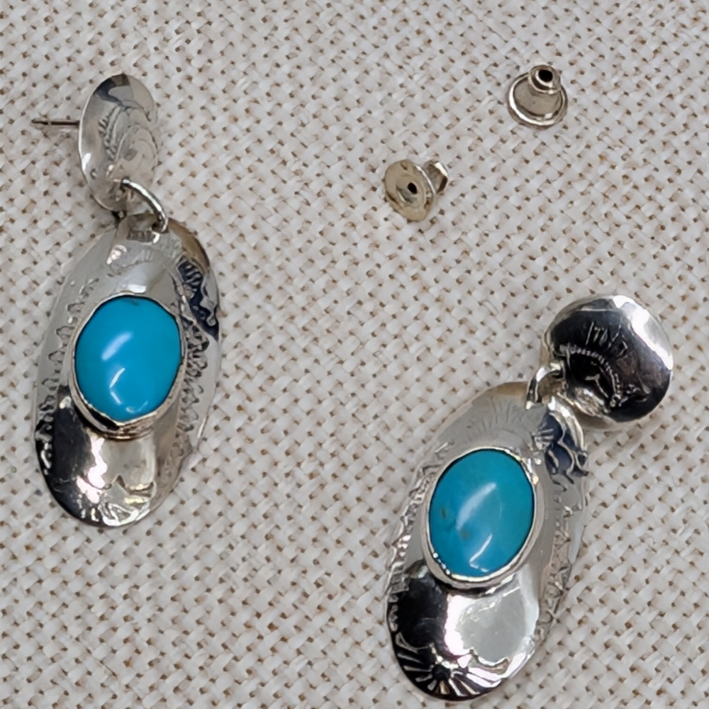 Vintage Handmade Sterling Silver Turquoise Stud Earrings | Florida Keys | 1.75” - Picture 2 of 16